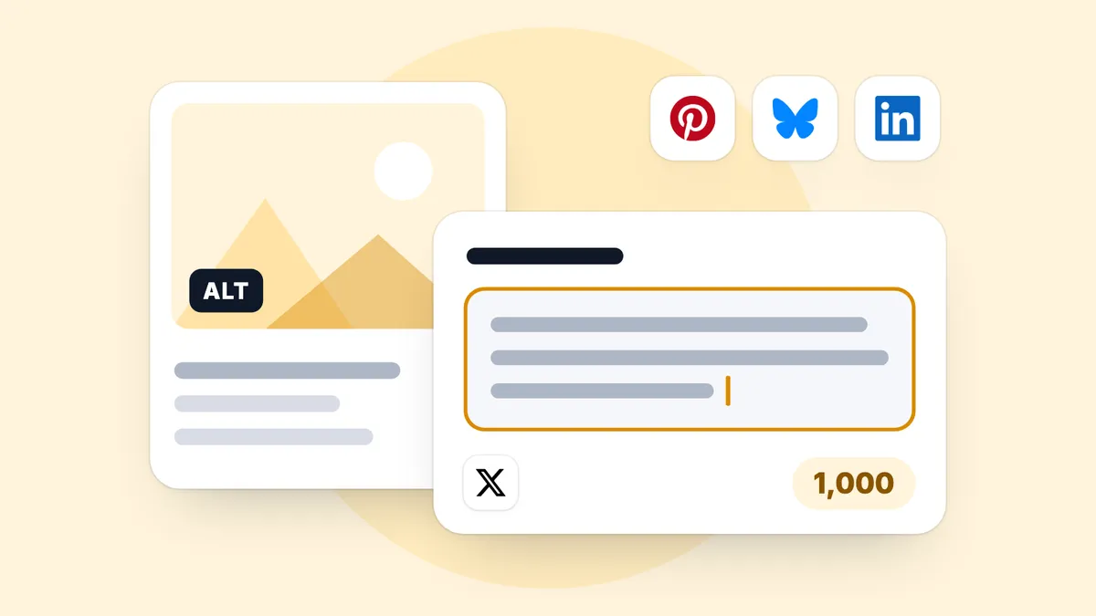 An image with an ALT badge and the field its description is typed in. Beside the X mark a counter reads 1,000, and the Pinterest, Bluesky and LinkedIn marks stand above.