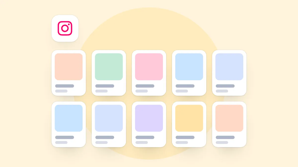 Under the Instagram mark, ten post cards wait in two rows of five, each with a coloured picture block over two short grey lines, like slots in a posting queue.