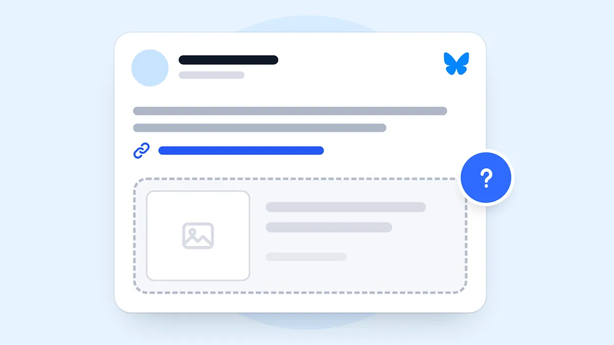 A post with the Bluesky mark whose link has no preview: under the link is an empty, dashed card with a question mark on its corner.