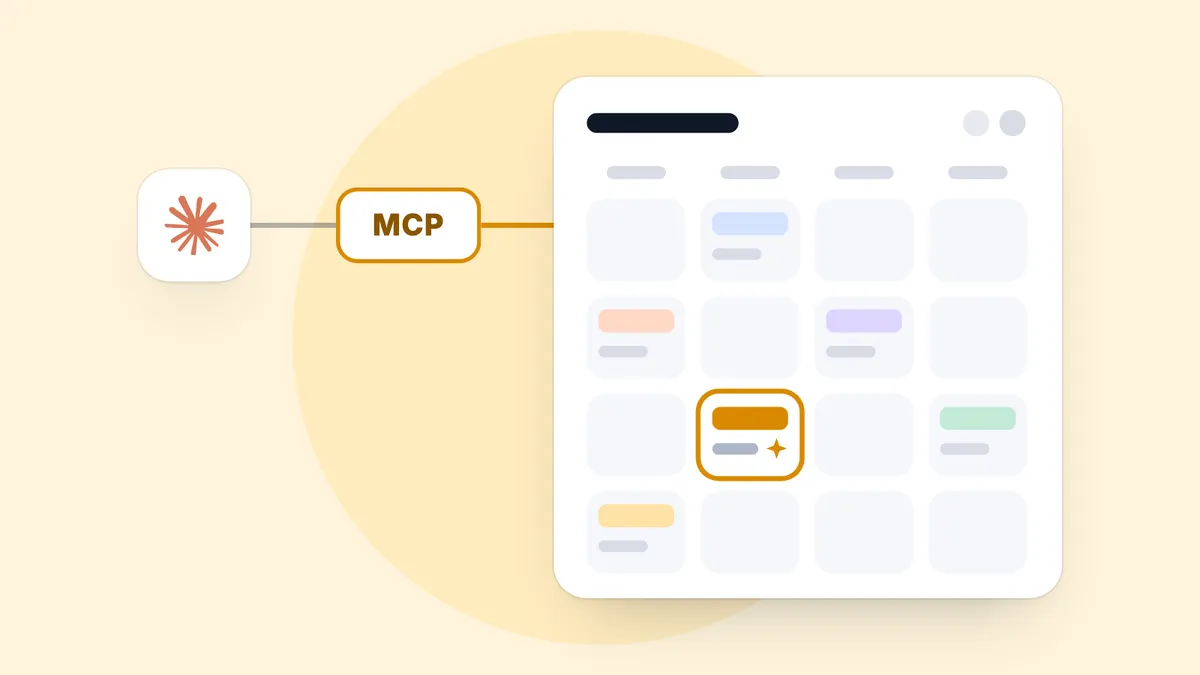 The Claude mark is wired to a door labelled MCP, which leads to a calendar of scheduled posts. One slot in the calendar is new and marked with a sparkle.