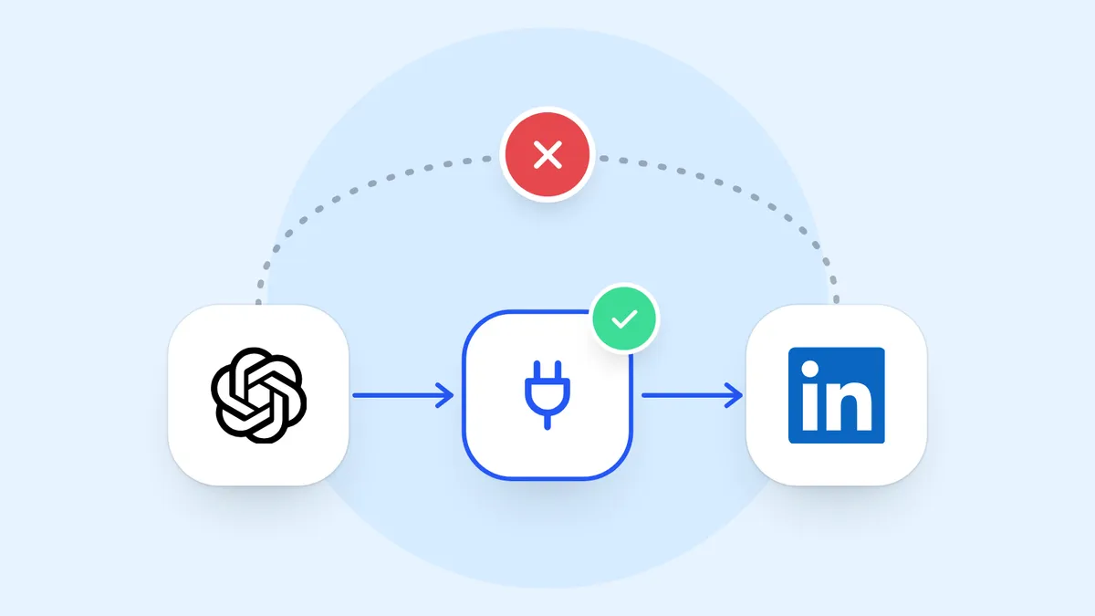 The ChatGPT mark and the LinkedIn mark. The dotted line straight from one to the other is crossed out, and the line through a connected tool between them is ticked.