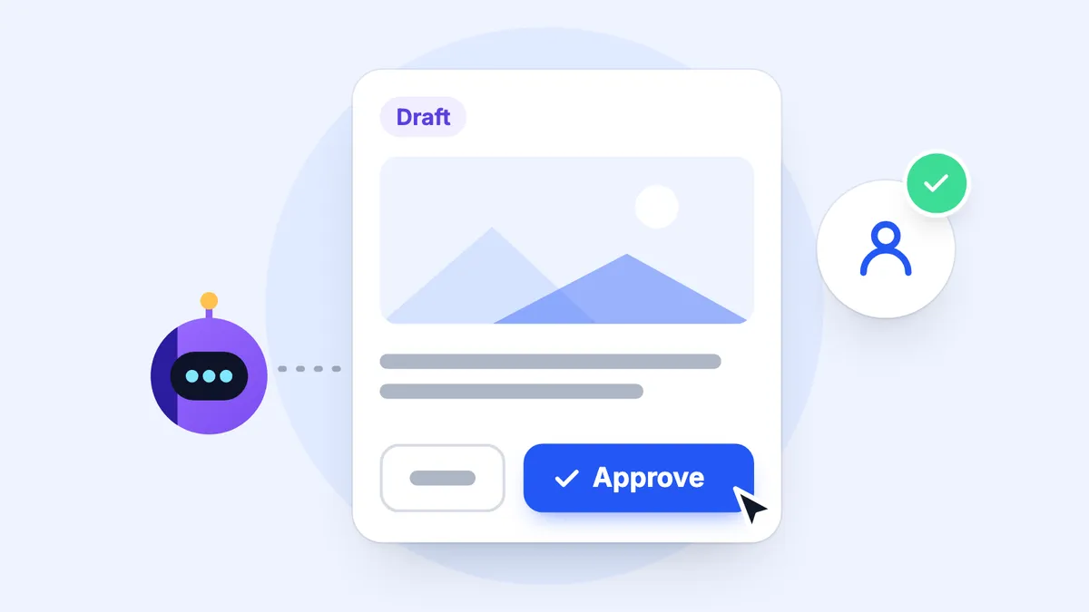 Navo, an AI agent, hands a draft post to a person. The draft waits with a cursor on its Approve button.