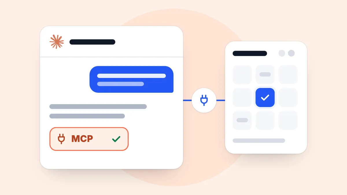 A chat with the Claude mark whose reply carries a tool call labelled MCP. A line with a plug on it runs to a calendar, where one slot is filled and ticked.